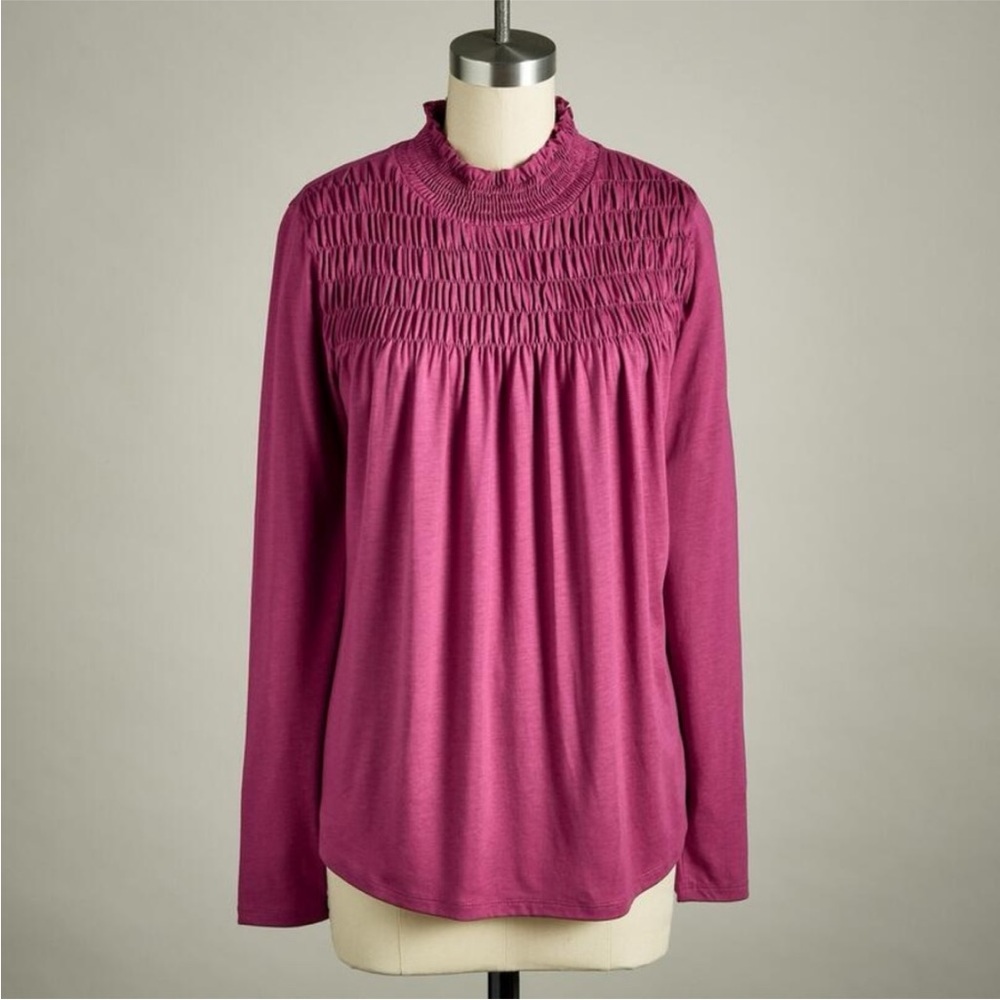 Sundance Gabriellle Dreamer Smocked Mock Neck Top L Large Raspberry Plum Pink